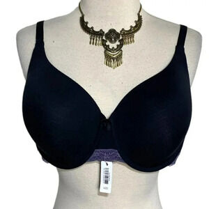 Adore Me 42D plus-size black‎ padded push up bra purple lace trim NEW